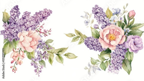 Fototapeta Naklejka Na Ścianę i Meble -  Beautiful floral watercolor illustrations featuring lilacs and peonies for elegant decor