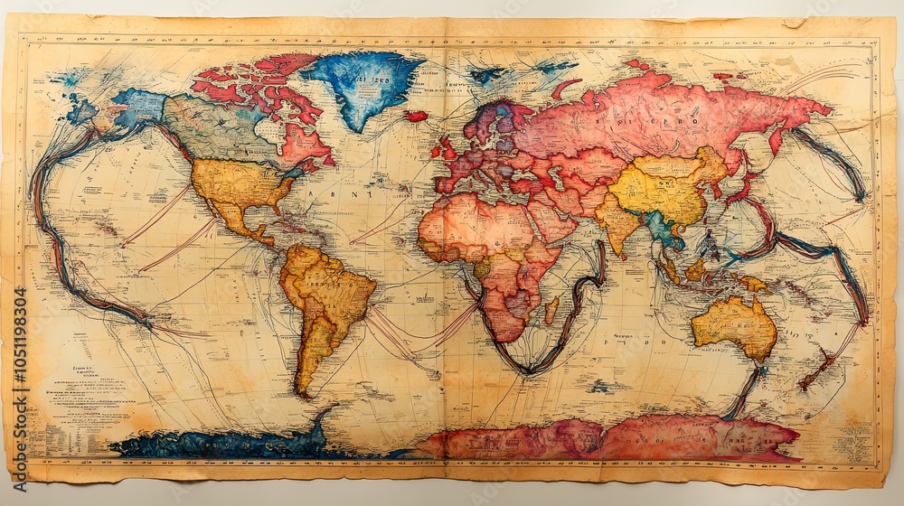 Naklejka premium hand-drawn map of the world with arrows showing trade routes, in multiple colors.illustration
