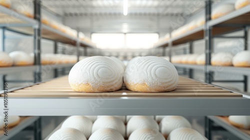 Freshly baked white bread lined on shelves in a bustling bakery factory, showcasing the art of bread making. photo