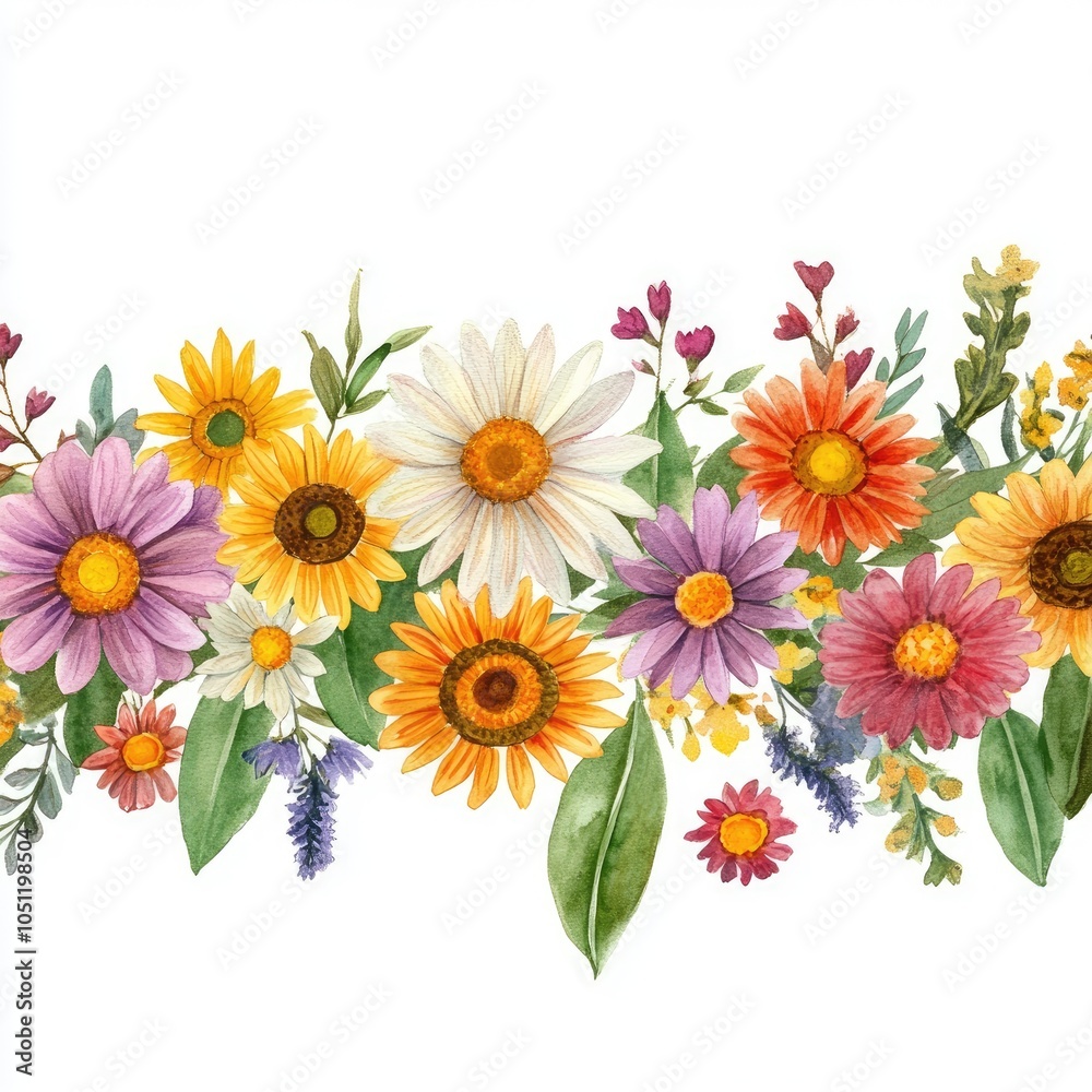 Naklejka premium Vibrant floral composition celebrating nature's beauty with a variety of colorful wildflowers and greenery