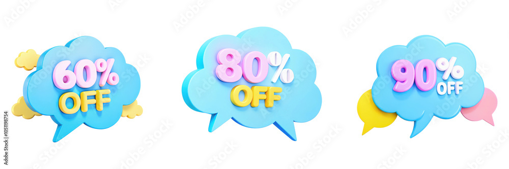 Bright and colorful discount signs showcasing 60%, 80%, and 90% off Bright and colorful discount signs showcasing 60%, 80%, and 90% off