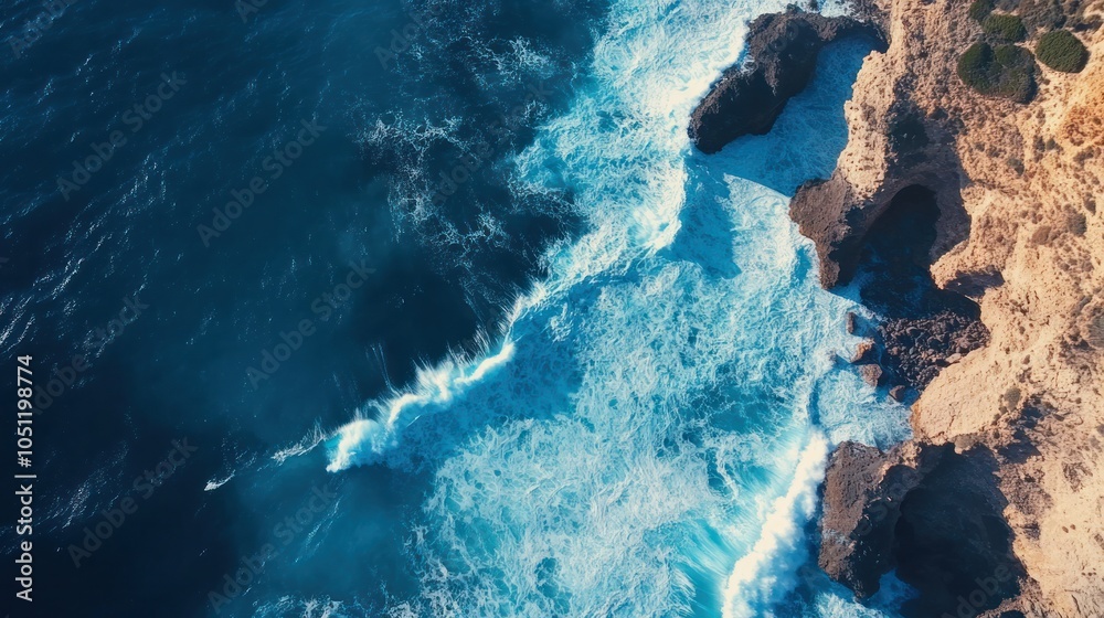 Obraz premium dramatic aerial perspective of the ocean, highlighting vibrant blue waves breaking against rocky cliffs.