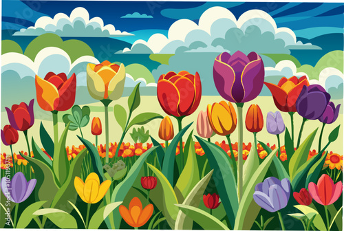 Different colors of tulips garden the sky is a blue vector illustration