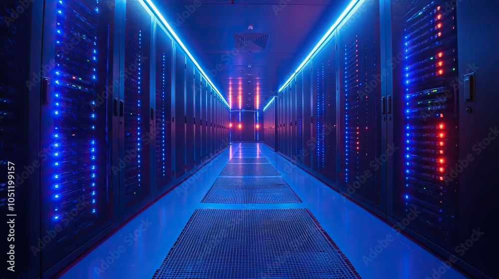 Fototapeta premium high-tech dat center with rows of black and blue computer racks, with glowing LED screens illuminating the space.