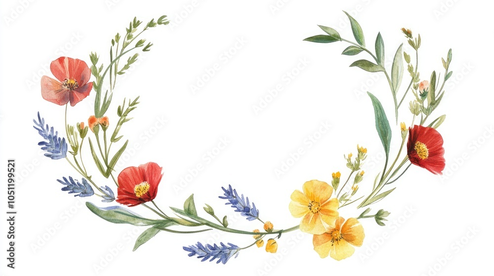 Fototapeta premium Delicate floral wreath design featuring vibrant wildflowers and greenery for elegant decorations