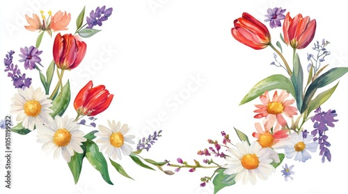 Elegant floral frame design featuring vibrant red tulips and delicate wildflowers for creative projects