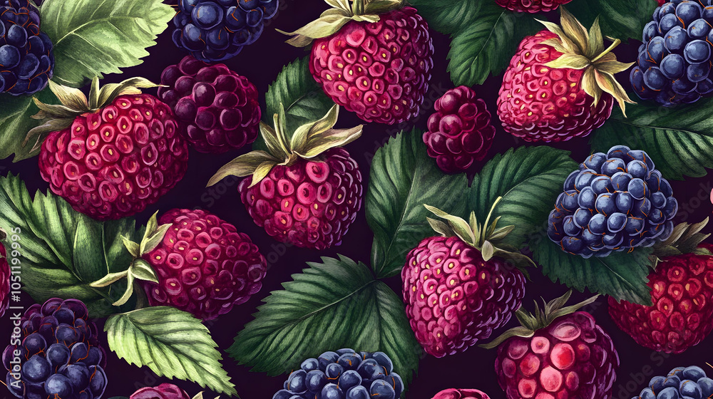 Berry pattern with fresh fruits on a vibrant background Berry pattern with fresh fruits on a vibrant background