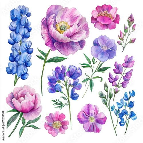 Vibrant floral collection watercolor illustrations of peonies bluebells and blossoms for creative projects