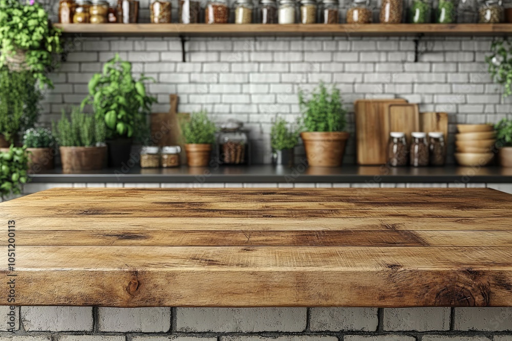 Wooden countertop in a kitchen. Perfect for showcasing products, food, or drinks in a rustic setting. Wooden countertop in a kitchen. Perfect for showcasing products, food, or drinks in a rustic setting.