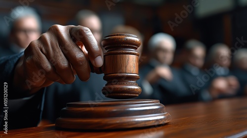 judge sitting at the bench, with their hand on top of gavel, set against blurred courtroom background.