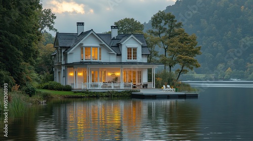 lakefront house with white porch and dock, set against peaceful water backdrop.image