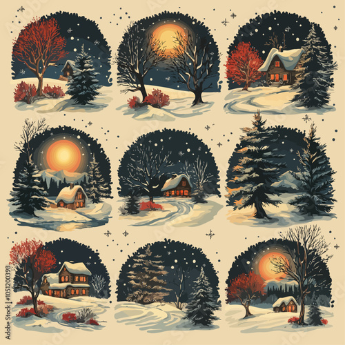 Retro Winter Scenes, Die Cut Vinyl Vectors