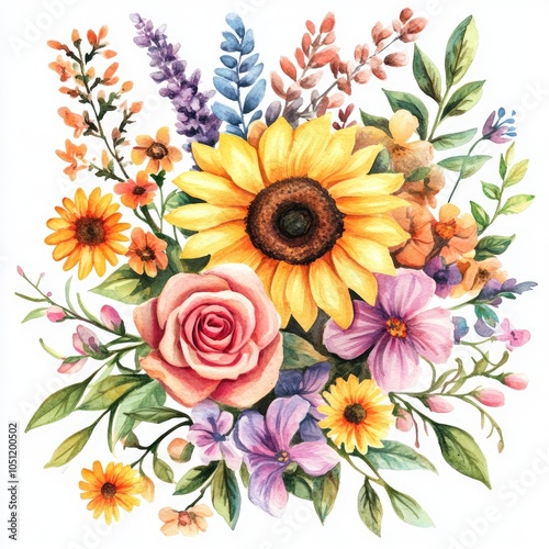 Vibrant floral arrangement featuring sunflowers roses and lavender in a colorful botanical composition