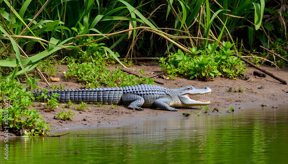 Crocodile resting on a riverbank, surrounded by lush green vegetation, in a natural habitat setting. Crocodile resting on a riverbank, surrounded by lush green vegetation, in a natural habitat setting.