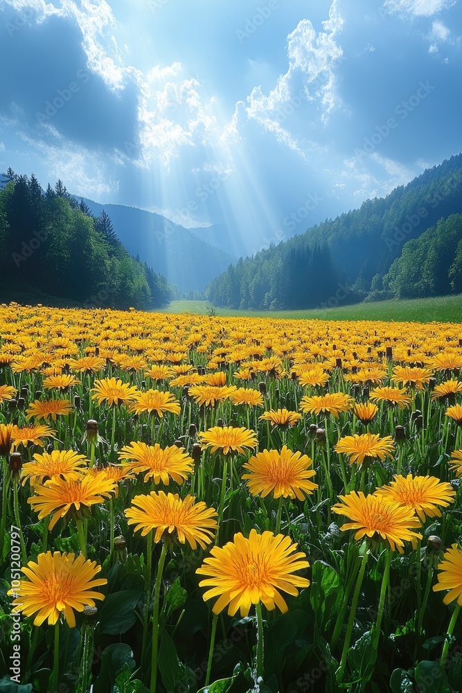 Obraz premium A field of yellow wildflowers with a blue sky and mountains in the background. The photo features a field of dandelions and represents nature's beauty and simplicity.