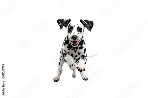 Backgroundless cutout of a Dalmatian dog jumping on camera