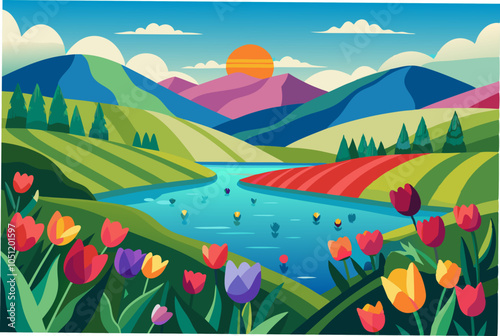 lake on both sides are beautiful tulip flowers different colors hill area