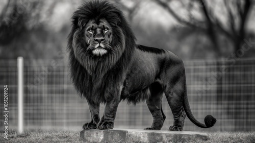 A majestic male lion with a thick mane stands proudly on a rock, gazing intensely at the camera.