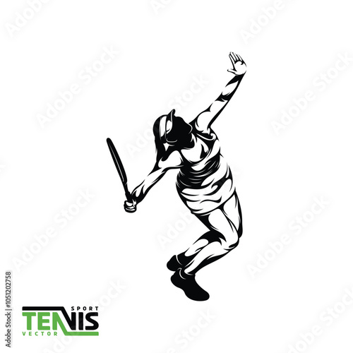 Vector image of a black and white illustration of a female tennis player