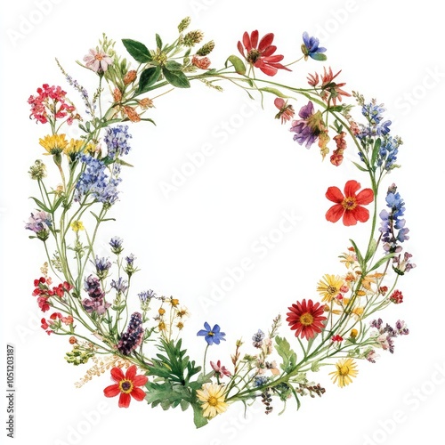 Vibrant floral wreath featuring diverse wildflowers in a circular arrangement for nature-inspired designs
