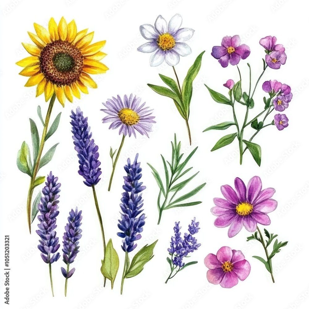 A vibrant collection of hand-drawn flowers featuring sunflowers lavender and various wildflowers in beautiful arrangement A vibrant collection of hand-drawn flowers featuring sunflowers lavender and various wildflowers in beautiful arrangement