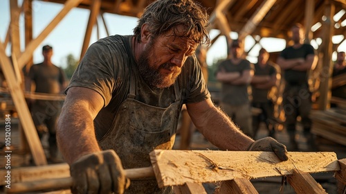 Determined Man Building Wooden Structure While Indifferent Bystanders Watch Uninterestedly