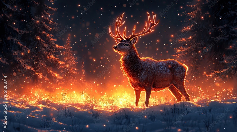 magical deer standing in winter forest, representing noble wildlife, perfect for Christmas or New Year holiday themes, designed for greeting card templates, posters, or banners.image magical deer standing in winter forest, representing noble wildlife, perfect for Christmas or New Year holiday themes, designed for greeting card templates, posters, or banners.image