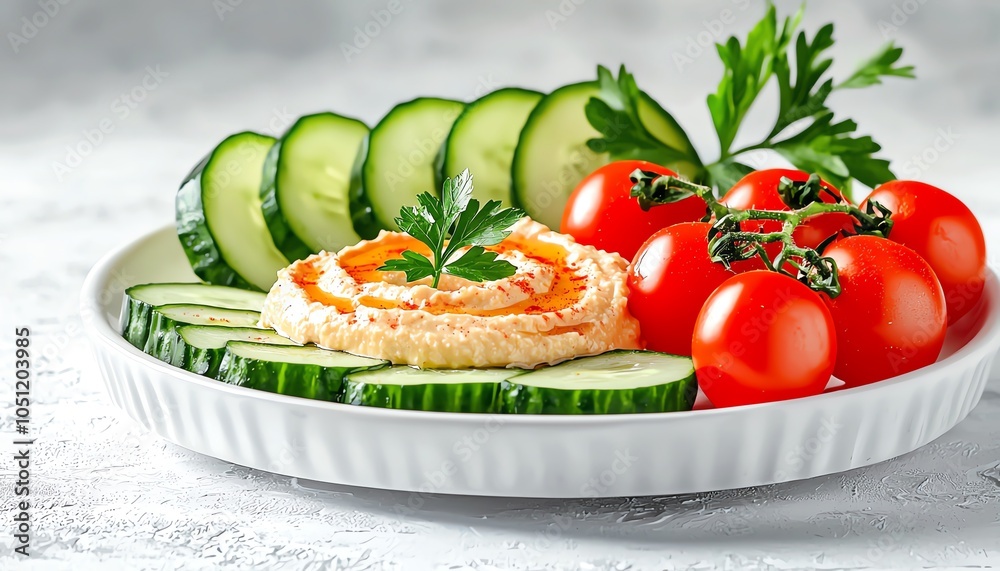 A fresh and healthy plate featuring hummus, sliced cucumbers, cherry tomatoes, and parsley, perfect for a light snack or appetizer on a clean, bright background. A fresh and healthy plate featuring hummus, sliced cucumbers, cherry tomatoes, and parsley, perfect for a light snack or appetizer on a clean, bright background.