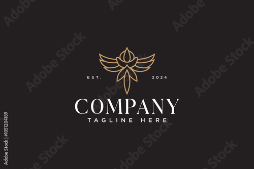 phoenix with leaf abstract logo design. feminine bird with petal floral decor line art logo template. beauty wing with bud ornament symbol logo. minimalist falcon botanic geometric logo designs