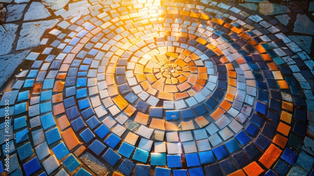 Fototapeta premium Colorful mosaic tile floor with sunlight shining through.