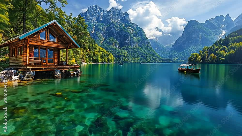 Tranquil Lake Cabin with Mountainous Scenery Tranquil Lake Cabin with Mountainous Scenery