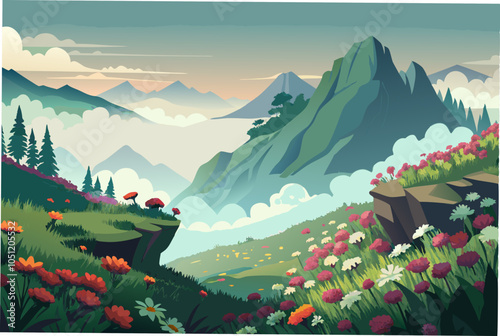  a hili area with dense fog and beautiful flower bloom