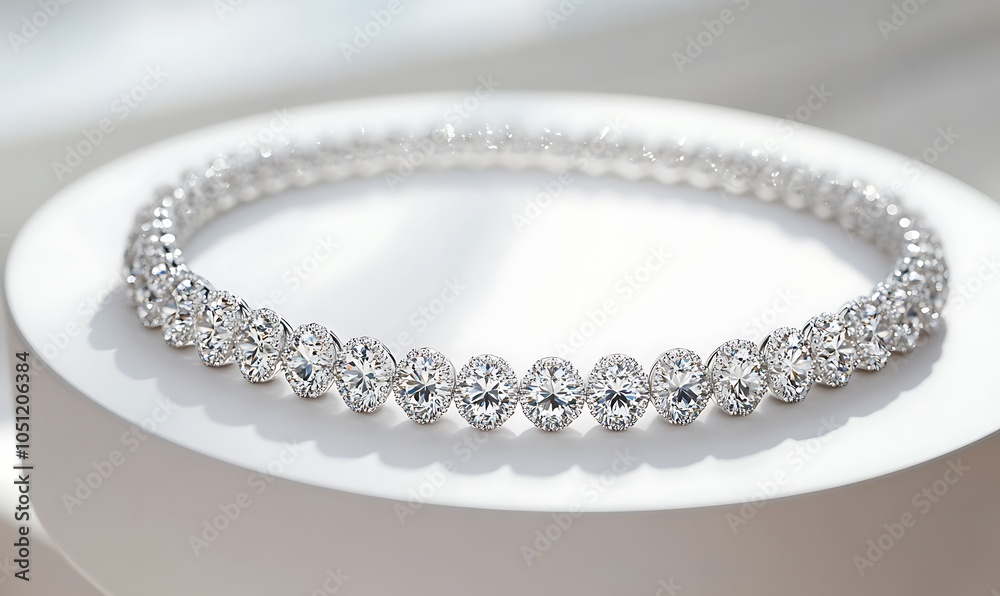 A sparkling diamond necklace displayed elegantly on a pedestal. A sparkling diamond necklace displayed elegantly on a pedestal.