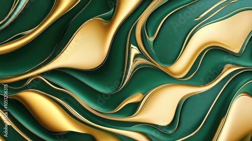 Elegant abstract pattern in gold and emerald, inspired by fractals, symbolizing luxury and refined design