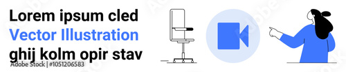 Office chair, video call icon, and person pointing. Ideal for remote work, digital communication, virtual meetings, home office setup, online collaboration. Banner for landing page