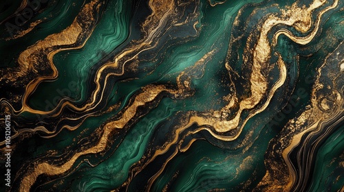 Luxurious fractal-inspired pattern in rich gold and emerald hues, capturing an abstract sense of elegance and refinement