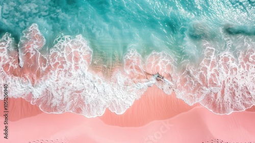 Top view of pink sandy beach with turquoise water and beautiful ocean waves.