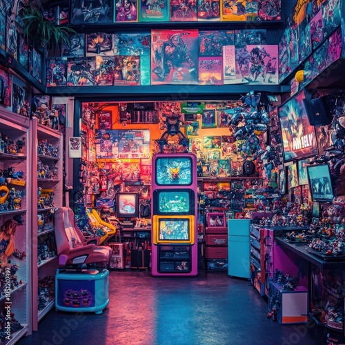 A brightly lit room filled with retro video game consoles and figurines.