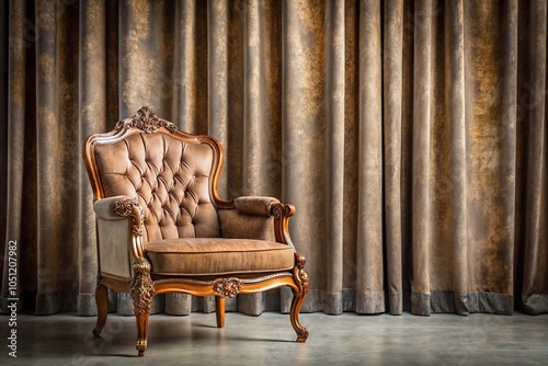 Vintage carved armchair against gray and brown velor curtains studio fabric background, shallow depth of field