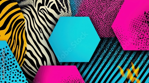 Vibrant abstract patterns featuring hexagons and animal prints on a colorful background.