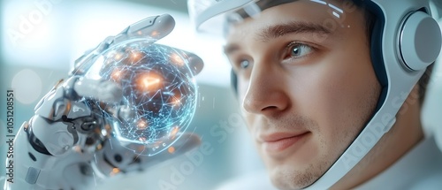 Man Engaging with Advanced AI Powered Assistant on Futuristic Virtual Interface to Receive Answers and Support for Various Technological Needs photo