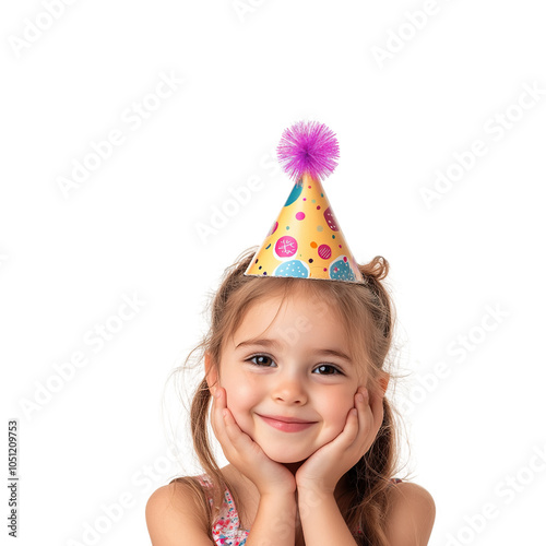 Cute little girl wearing a birthday hat on a transparent background.
