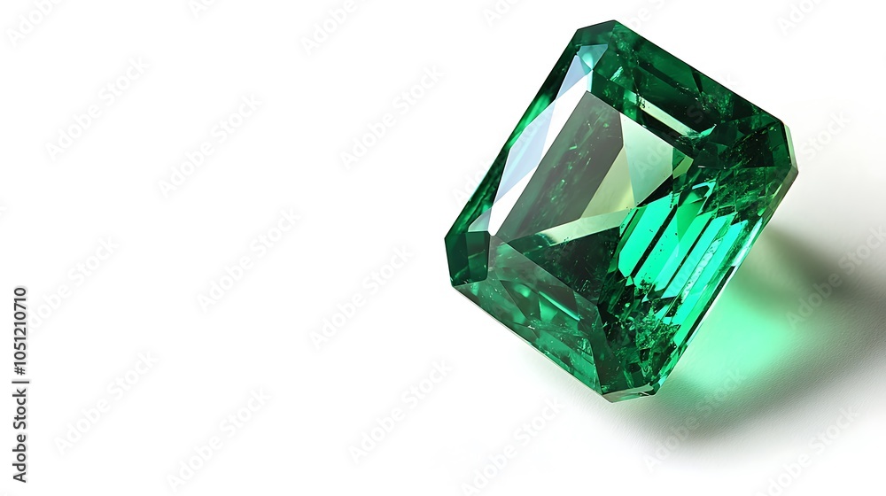 A vibrant green emerald gemstone showcased against a white background. A vibrant green emerald gemstone showcased against a white background.
