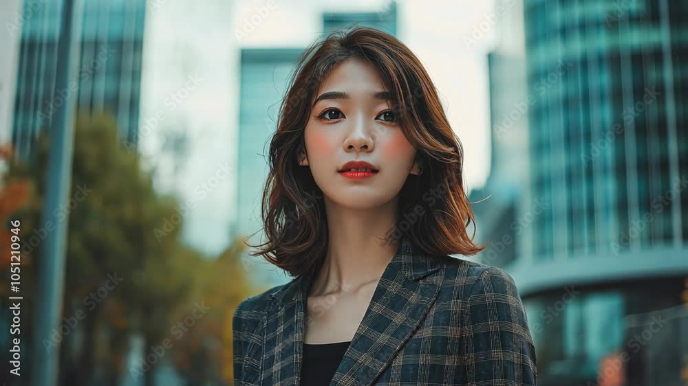 Japanese woman wearing business attire smiling with confident at street with urban buildings as background Japanese woman wearing business attire smiling with confident at street with urban buildings as background
