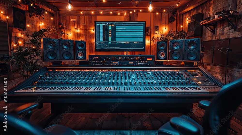 modern music studio with advanced equipment, mixing desks, and large screens displaying recording software.image modern music studio with advanced equipment, mixing desks, and large screens displaying recording software.image