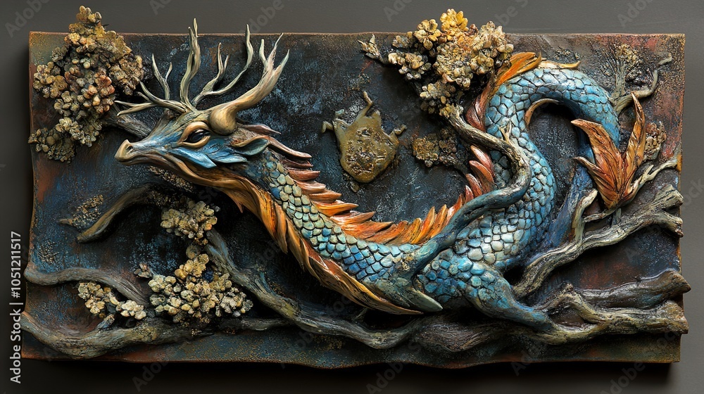 Obraz premium Blue Dragon Sculpture: Mythical Creature in Relief