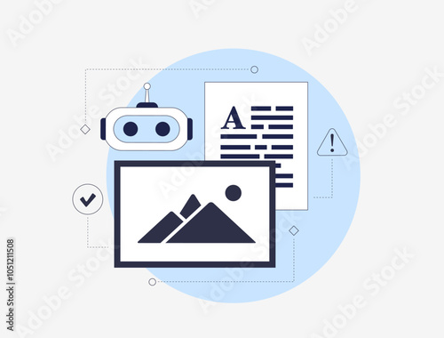 AI-powered content moderation automates filtering of harmful or inappropriate posts, photos and comments on social platforms. Isolated vector illustration shows AI scanning social media content
