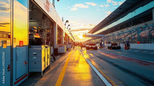 Bright and Clean Pit Lane at Silverstone Race Circuit Under Sunlight