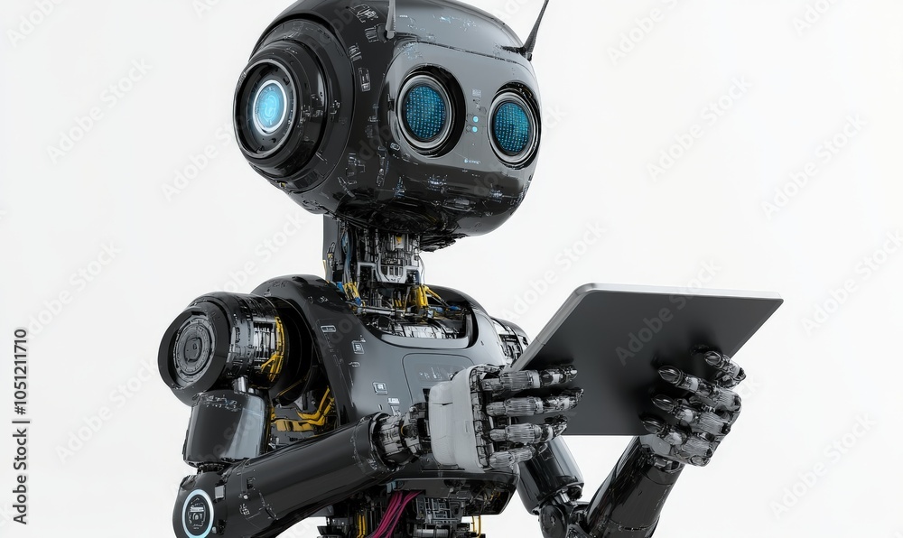 Naklejka premium Ai robot using tablet isolate on white background
