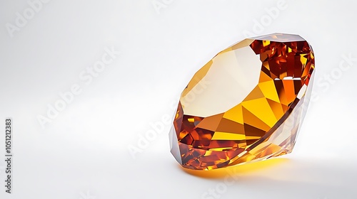 A faceted amber gemstone reflecting light on a white background.